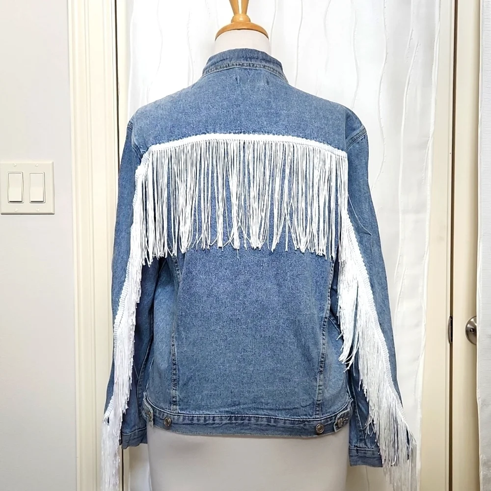 NWT Elia Cher Denim White Fringe Jacket